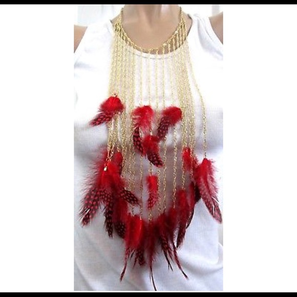 MASSIVE Runway Red Feather Bid Statement Necklace - Picture 1 of 1